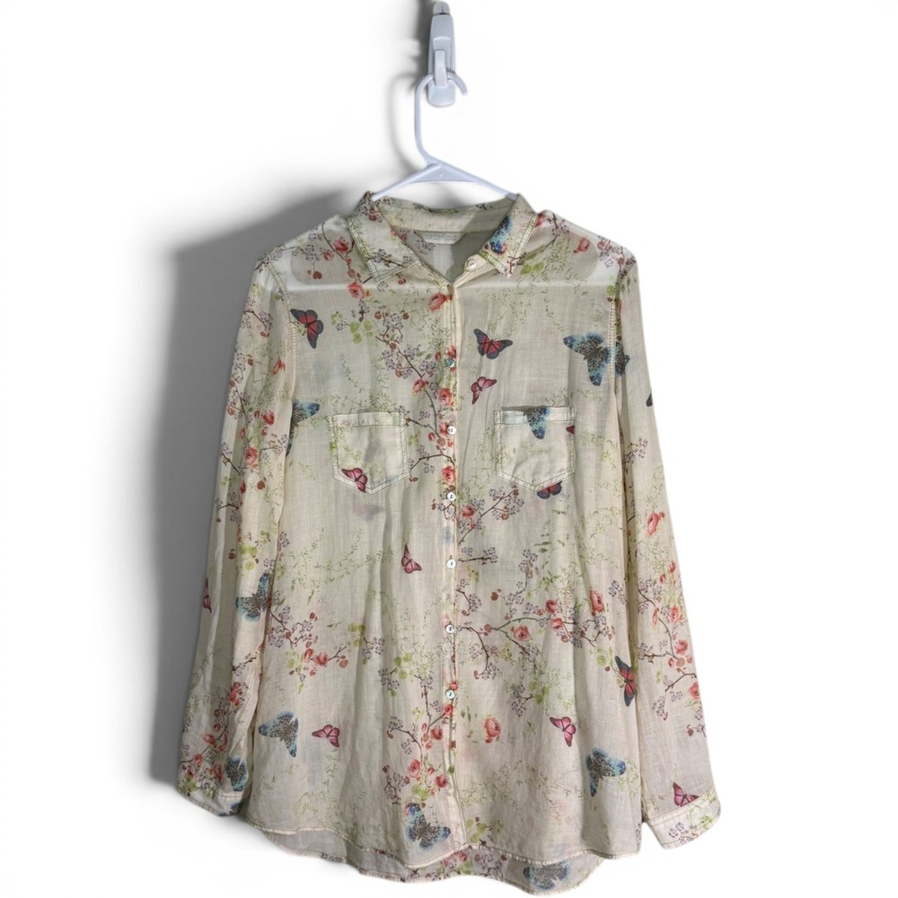 Promod Butterfly Floral Print Button Down Shirt Cream Long Sleeve Cottagecore